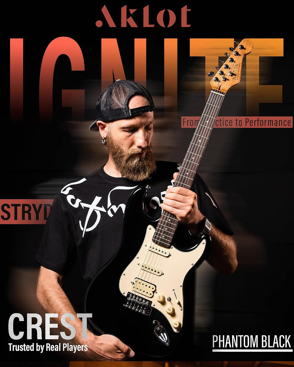 AKLOT Beginner Electric Guitar Kit: 10W Amp, Coil-Split HSS Pickups, Lesson Book, Roasted Maple Neck, Gig Bag, Tuner, Strap, Picks, Stryde Phantom Black