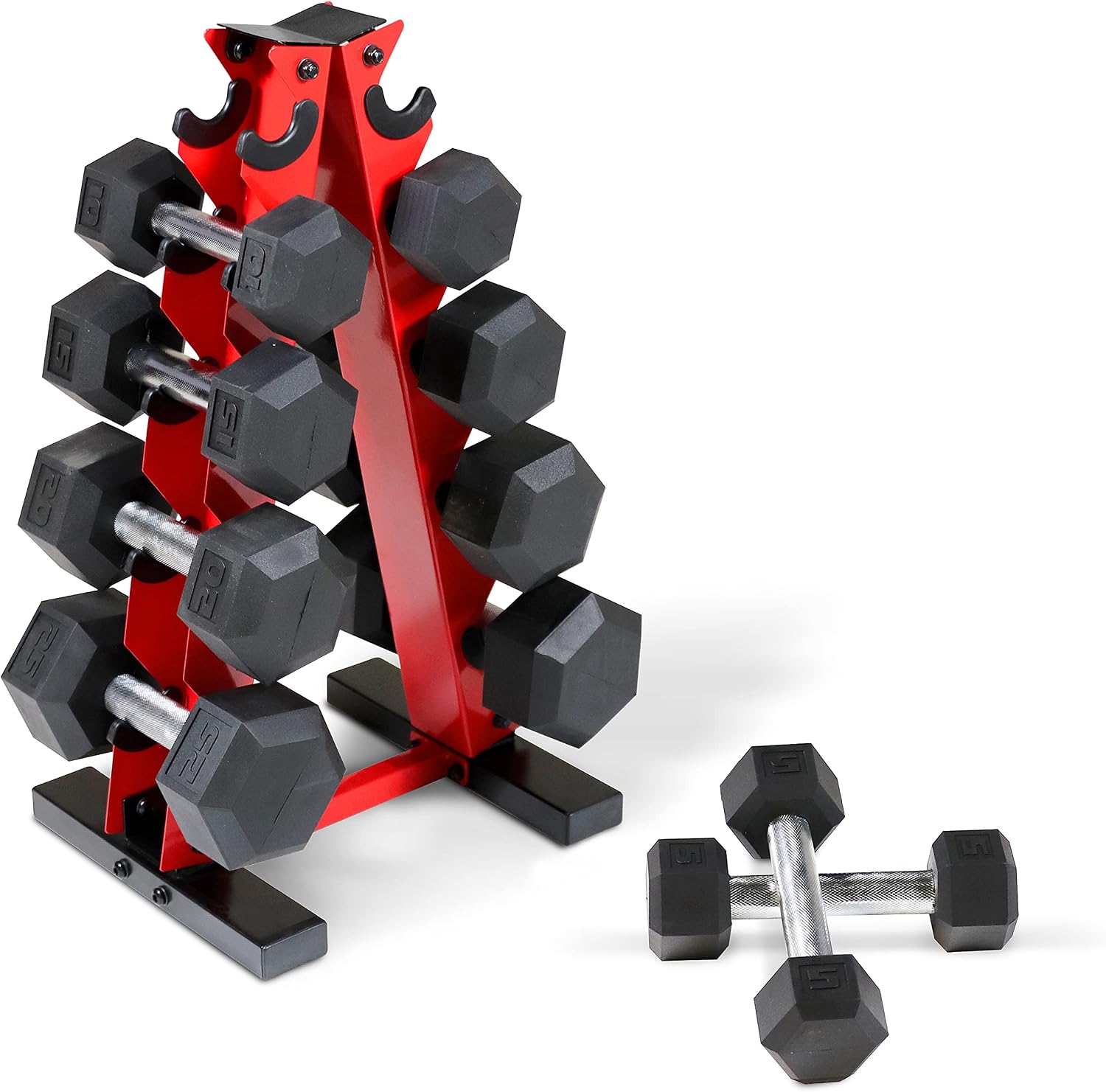 WF Athletic Supply 5-25Lb Rubber Coated Hex Dumbbell Set with A Frame Storage Rack Non-Slip Hex Shape for Muscle Toning, Strength Building & Weight Loss - Multiple Choices Available