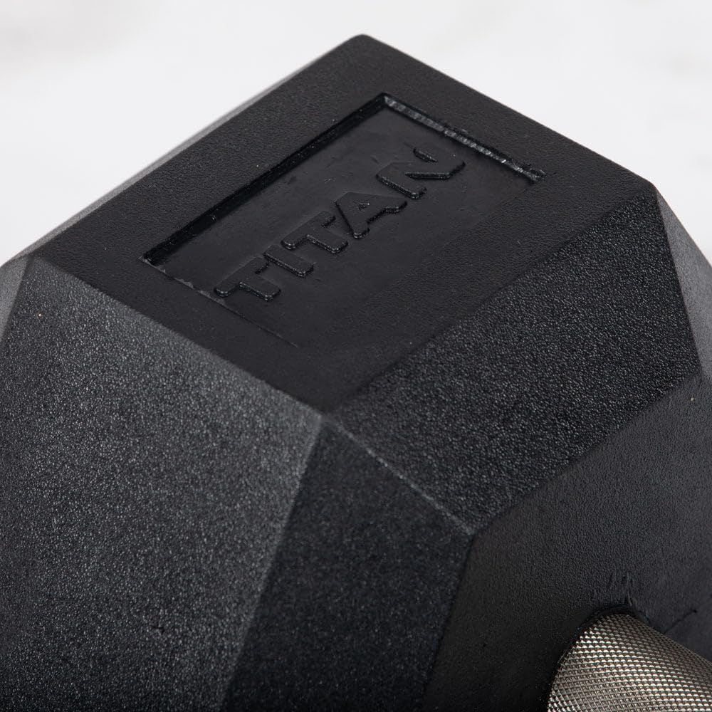 Titan Fitness Free Weights, Rubber Coated Hex Dumbbell, Straight Stainless Steel Handle, Strength Training, Full Body Workout