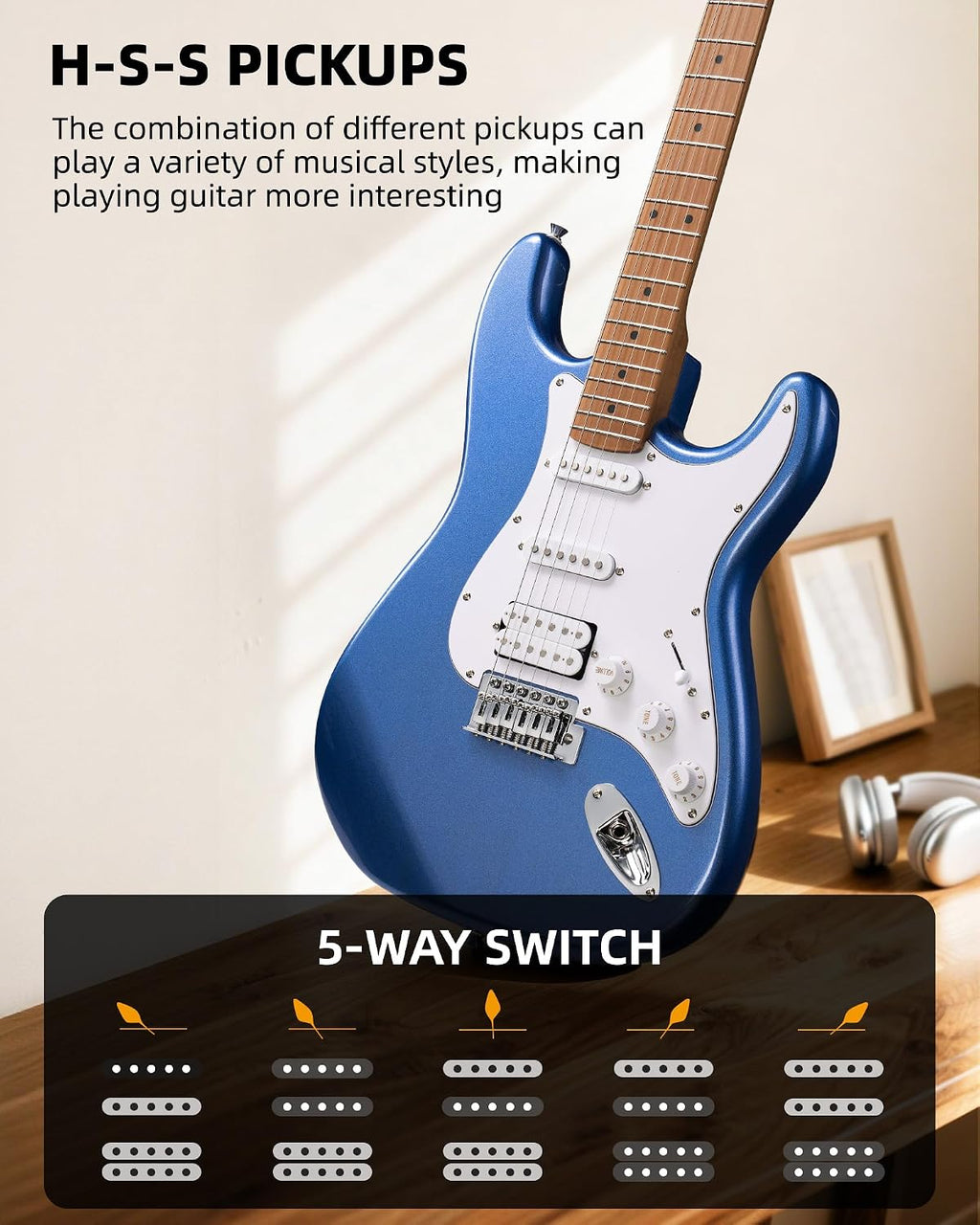 LEKATO Electric Guitar Kit Beginner 39 Inch Full Size Solid Body Guitar HSS for Starter Roasted Maple Neck Fretboard Stainless Steel Frets, 5W Mini Amp, Bag, Tuner, Capo, Strap, String, Picks- Blue