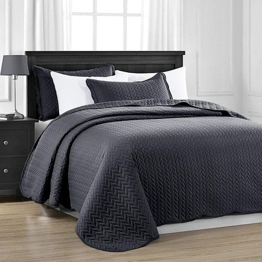 MOONLIGHT20015 Twin Quilt Set (66' x 86') with 1 Pillow Sham (20' x 26'+2') for All Season - 2 Pcs Reversible Bedding Set Lightweight Microfiber Coverlet Embossed Pattern Quilted Bedspread (Charcoal)