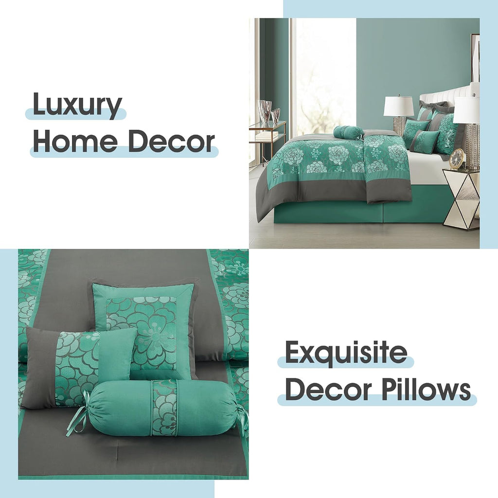 LANCO MODERN LIFESTYLE 7 Piece King Size Comforter Set, Aqua Grey, Elegant Floral Jacquard, Stylish and Cozy Bedding Collection, Premium Bedding Set with Bedskirt, Shams and Pillows