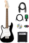 Fender Squier 3/4-Size Left-Handed Kids Mini Strat Electric Guitar - Black Bundle with Amplifier, Instrument Cable, Tuner, Strap, Picks, and Austin Bazaar Instructional DVD