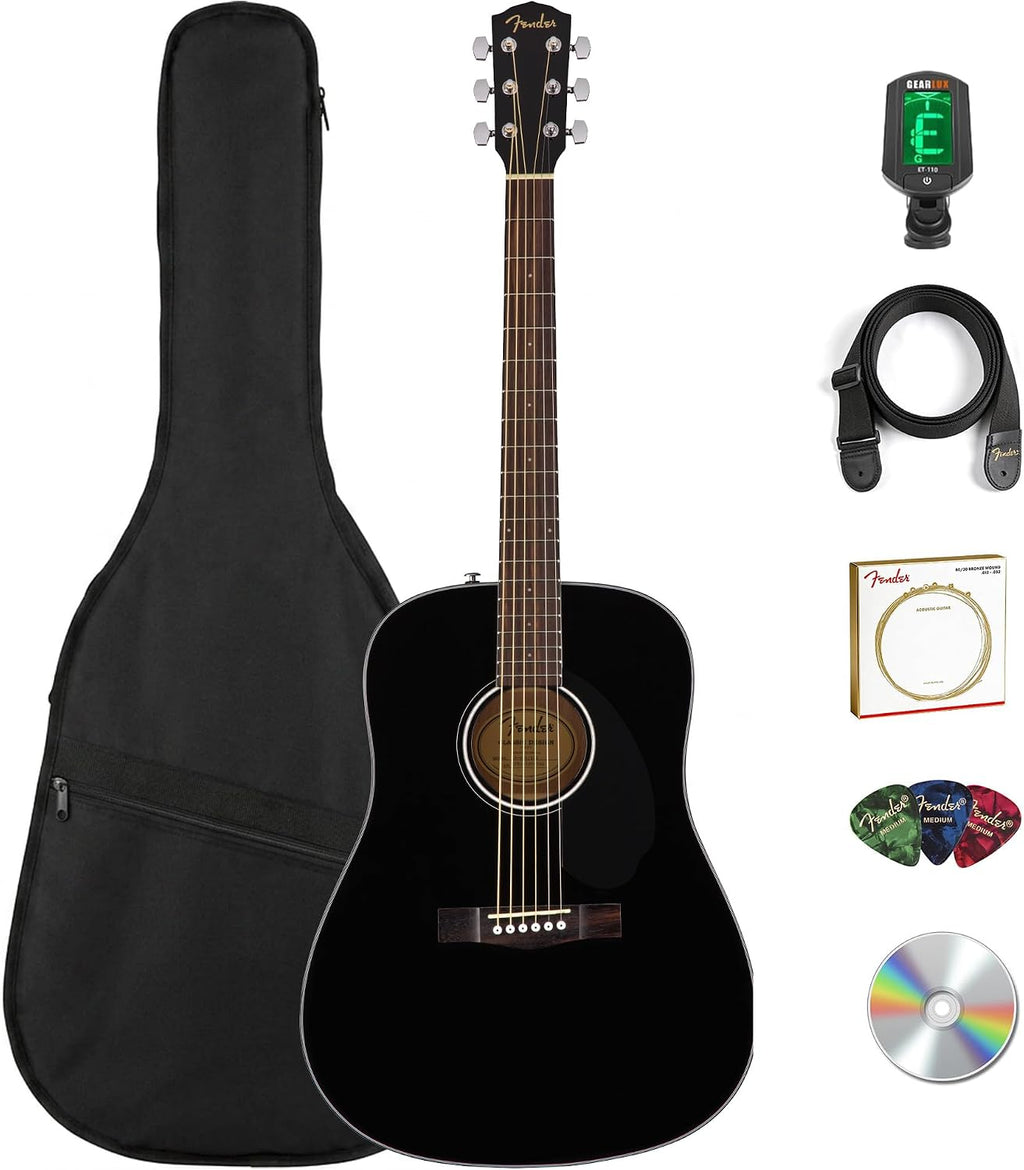 Fender CD-60S Solid Top Dreadnought Acoustic Guitar - Black Bundle with Gig Bag, Tuner, Strap, Strings, Picks, and Austin Bazaar Instructional DVD