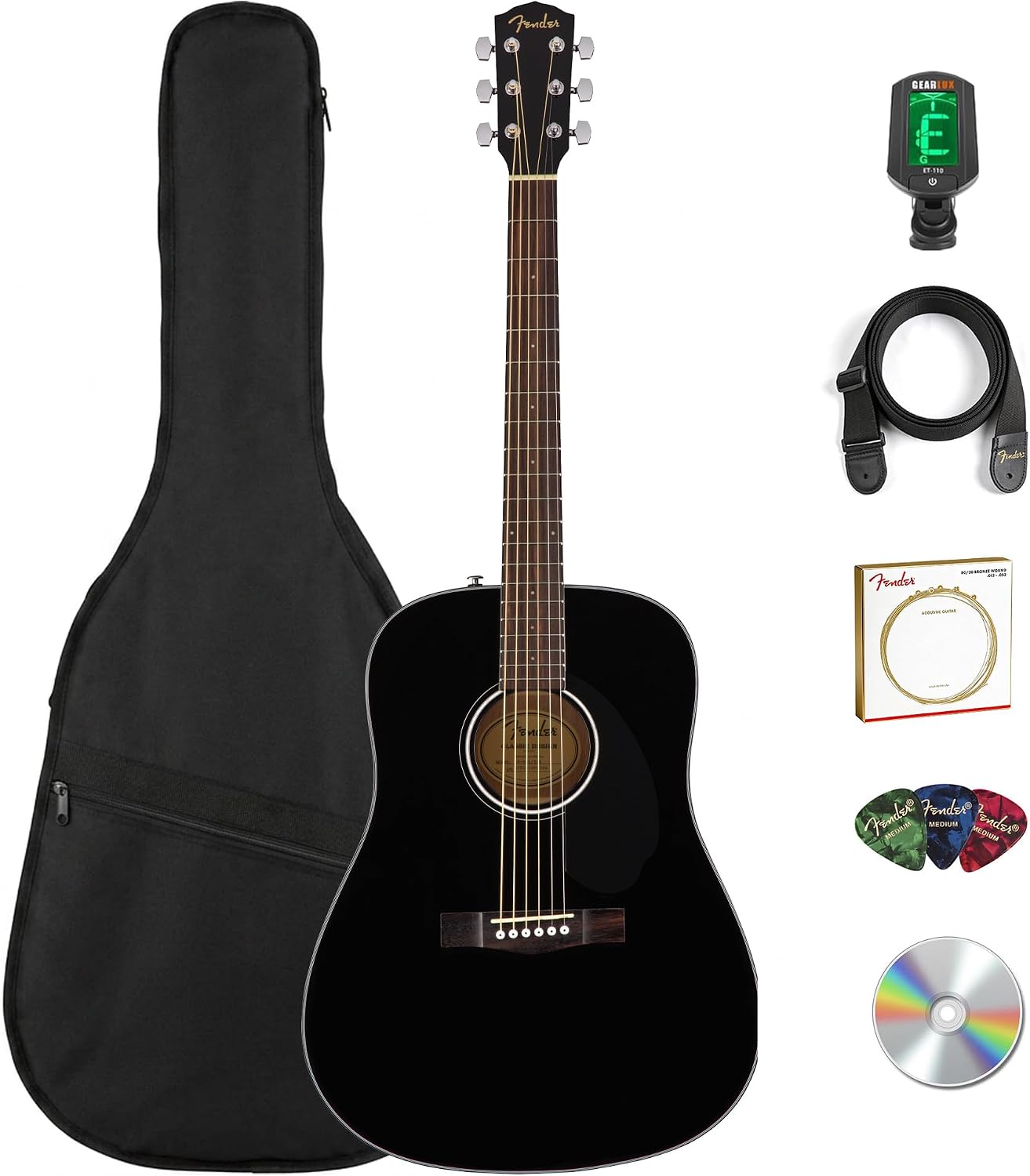 Fender CD-60S Solid Top Dreadnought Acoustic Guitar - Black Bundle with Gig Bag, Tuner, Strap, Strings, Picks, and Austin Bazaar Instructional DVD
