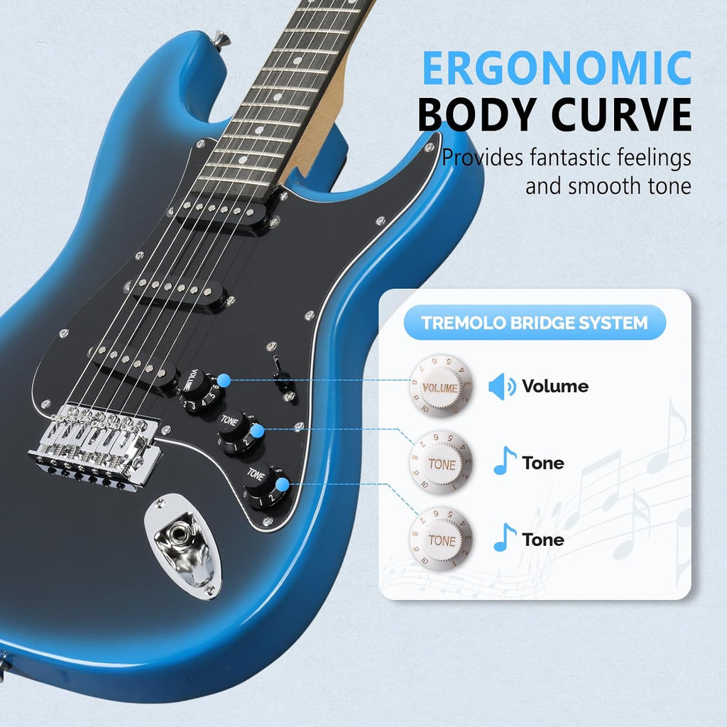 GLARRY Full Size Electric Guitar for Music Lover Beginner with 20W Amp and Accessories Pack Guitar Bag (BLACK & BLUE, 39' Right Handed)