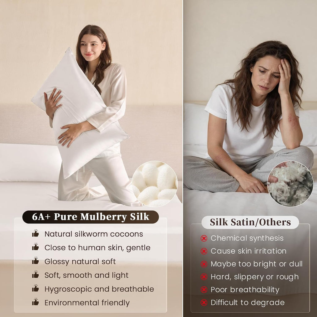 THXSILK 6A+ Top Grade 100% Pure Mulberry Silk Full Fitted Sheet 3Pcs Set Bed Sheets Luxury Bedding for Hair and Skin Breathable Safe Material, 1 Fitted Sheet with 2 Pillowcases, Pearl White