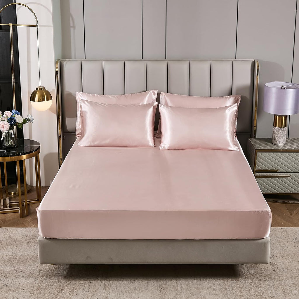 Herside Pink Mocha Satin Comforter Set 7 Pcs King Size Bed in a Bag Luxury Satin Bedding Set with Comforter Pillowcases and Sheets Sets Mini Pompoms Design Super Soft Silky Bed Set for All Seasons