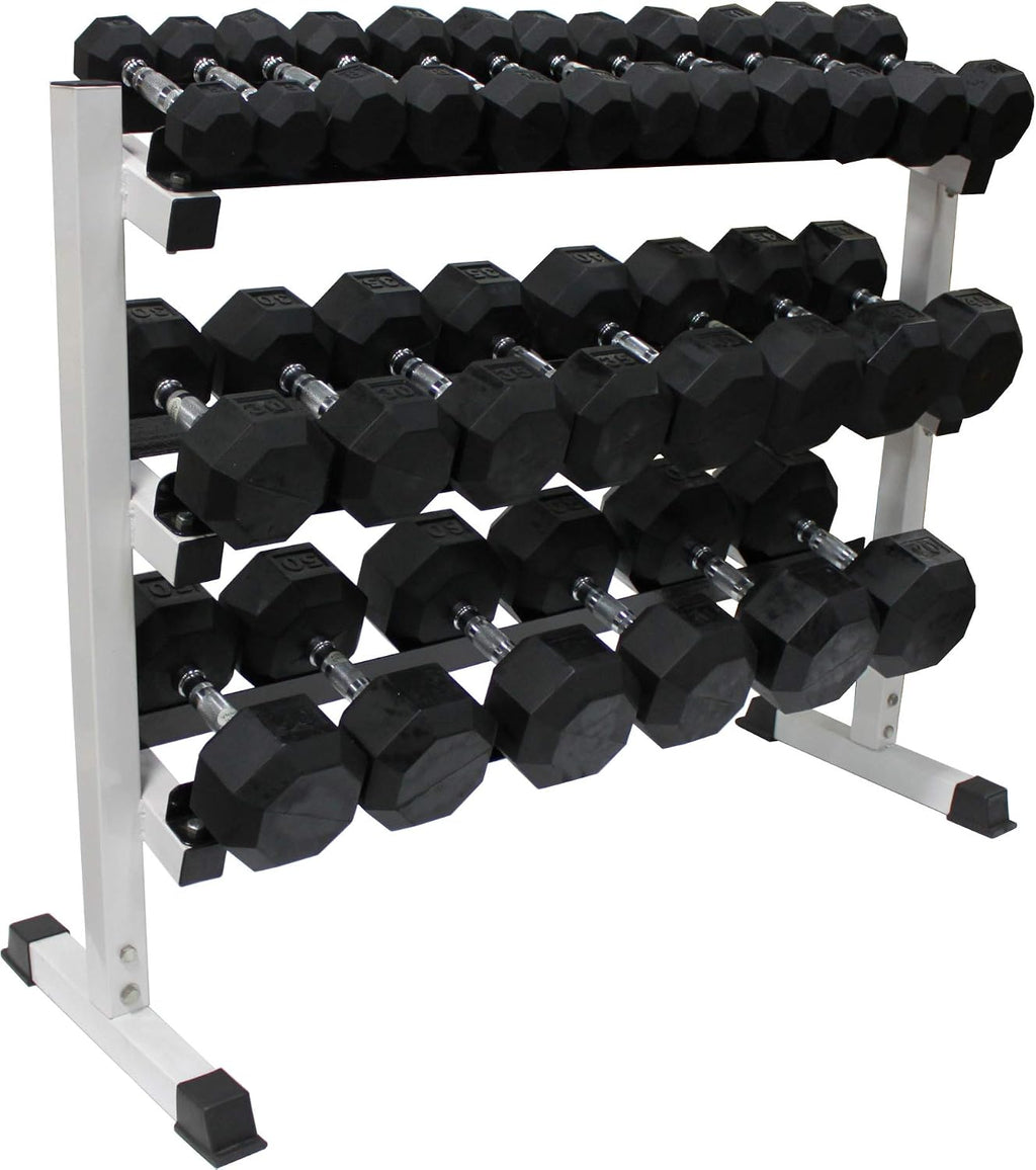 Ader 2-60 lb Black Octagon Rubber Dumbbell Set with Heavy Duty 3 Tier 48 inch Dumbbell Rack and Solid Rubber Mat