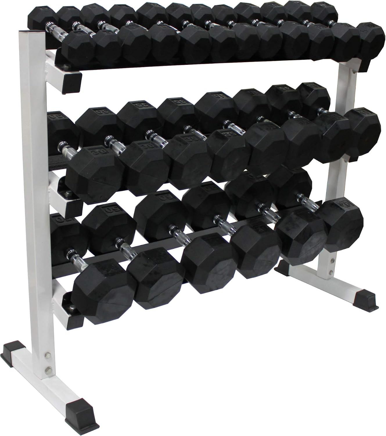 Ader 2-60 lb Black Octagon Rubber Dumbbell Set with Heavy Duty 3 Tier 48 inch Dumbbell Rack and Solid Rubber Mat