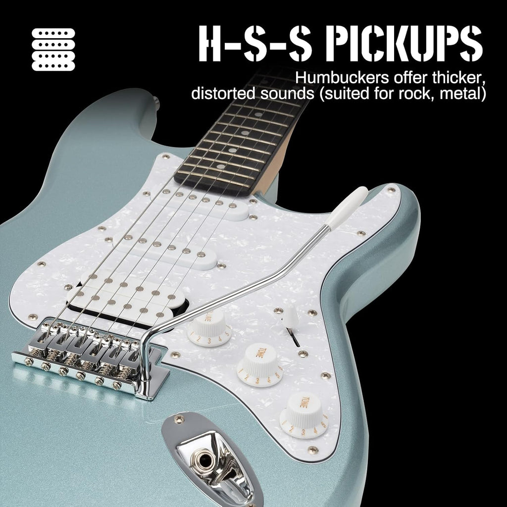 AODSK Electric Guitar, 39' Beginner Electric Guitar Kit, Matte Finish, HSS Pickups, Guitar Starter Kit with AMP, Includes Digital Tuner, Strings, Pick, Vibrato Bar, Capo, Strap, Gig Bag, Blue