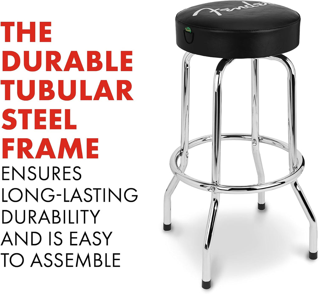 Fender Spaghetti Logo Swivel Barstool with Guitar Picks Pouch, Great Gifts for Dad, with 1 Year Limited Warranty, Simple Assembly, Black/Black, 30'