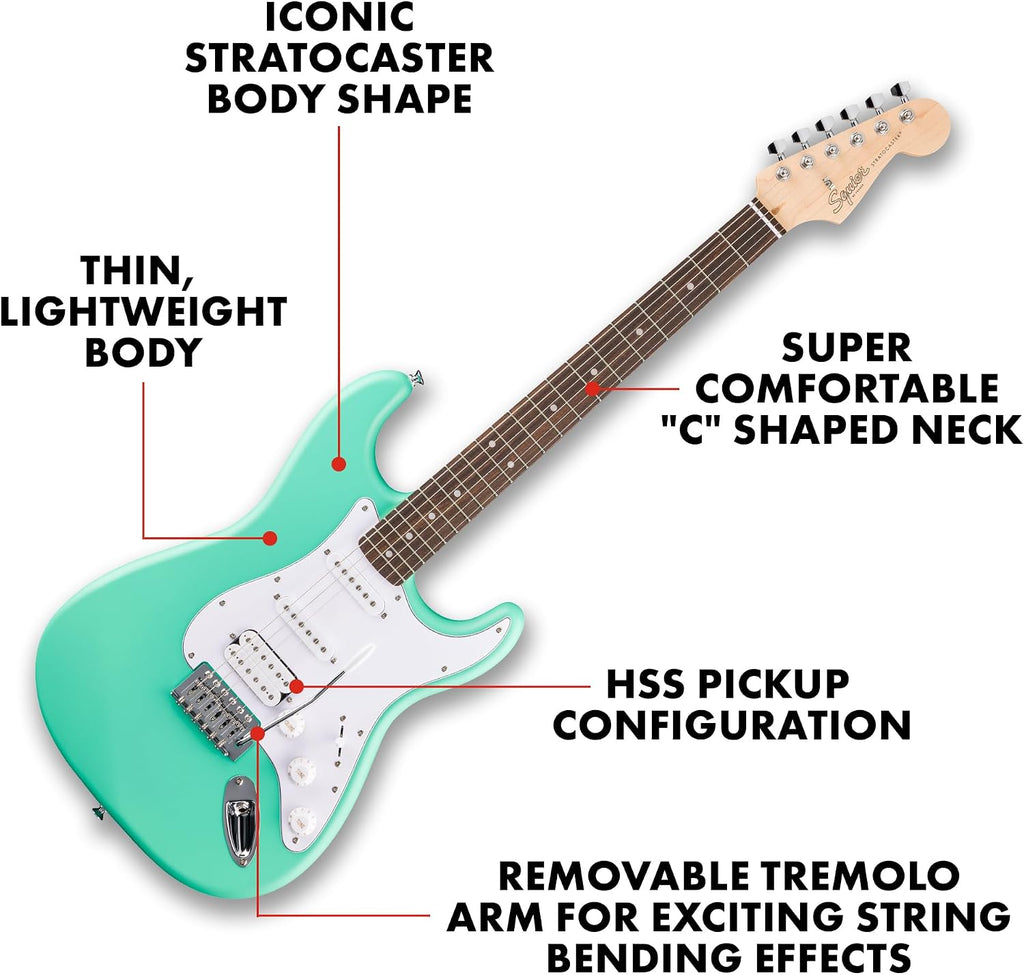 Fender Squier Debut Series Stratocaster HSS Electric Guitar, Beginner Guitar, 2-Year Warranty, Includes Free Lessons, Sea Foam Green with Satin Urethane Finish