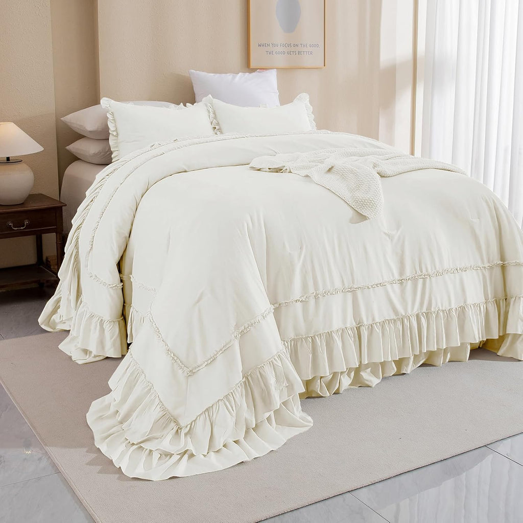 Masaca Oversized King Comforter 120x120,Farmhouse Shabby Boho Chic Ruffle California King Comforter Set French Country Rustic Bedding 3PCS (1 Ivory Ruffled Comforter+2 Pillow Shams)