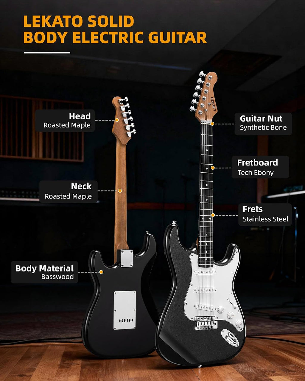 LEKATO Beginner Electric Guitar Kit 39 Inch Full Size Solid Body Guitar SSS for Starter Roasted Maple Neck Stainless Steel Frets, 5w Plug-in Amp, Bag, Tuner, Capo, Strap, Picks, String, Cable - Black