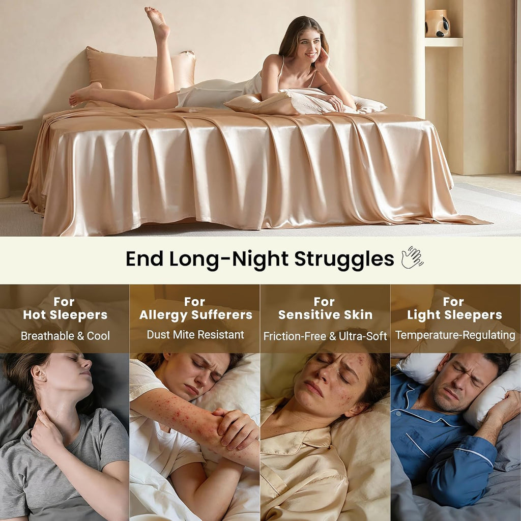 THXSILK Luxury Mulberry Silk Bed Sheets Set - 4pcs Silk Sheets Set 16' Deep Pocket - 1 Fitted Sheet, 1 Flat Sheet, 2 Pillowcases with Zipper Closure - Full, Champagne
