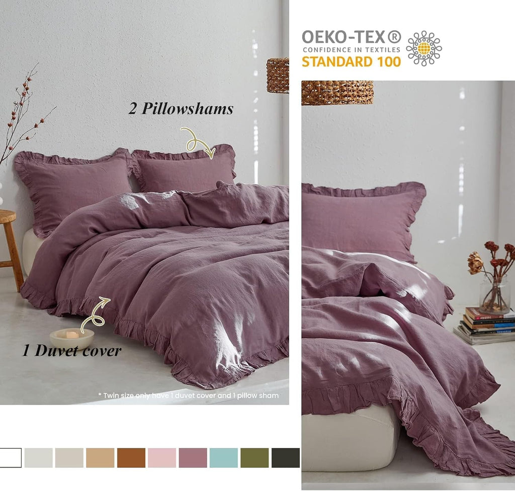 Simple&Opulence 100% Linen Duvet Cover Set, 3 PCS Natural French Flax Purple Ruffle Duvet Cover King Size, Breathable Comfy Linen Bedding Comforter Cover with 2 Pillowcases (Purple, 104' X 92')