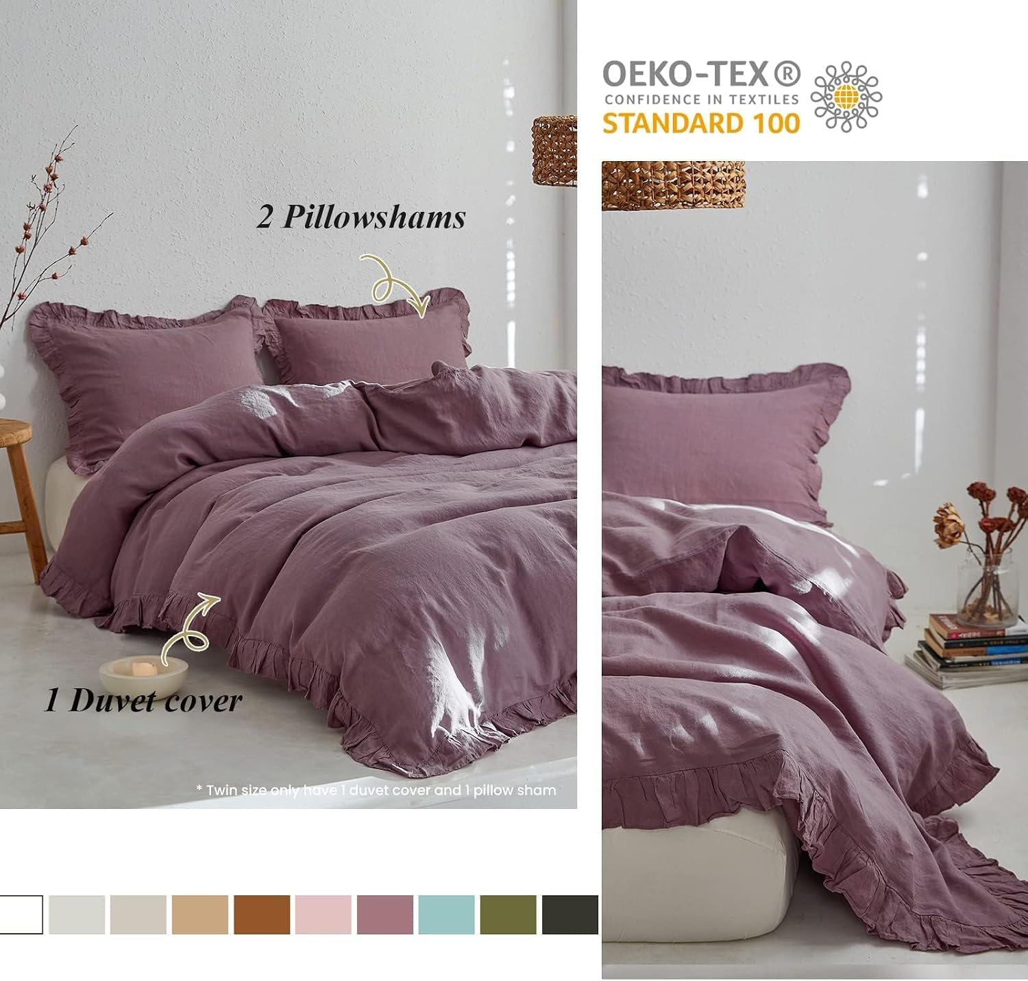 Simple&Opulence 100% Linen Duvet Cover Set, 3 PCS Natural French Flax Purple Ruffle Duvet Cover King Size, Breathable Comfy Linen Bedding Comforter Cover with 2 Pillowcases (Purple, 104' X 92')
