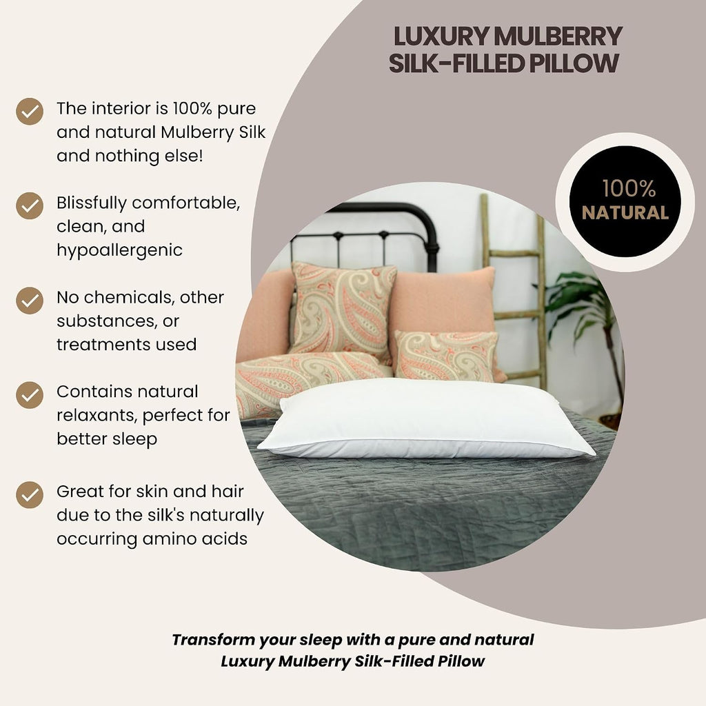 Silk Bedding Direct. Luxury Mulberry Silk-Filled Pillow. King Size, 36' x 20'. A Hypoallergenic Haven, Resting Your Dreams on Pure and Natural Mulberry Silk.