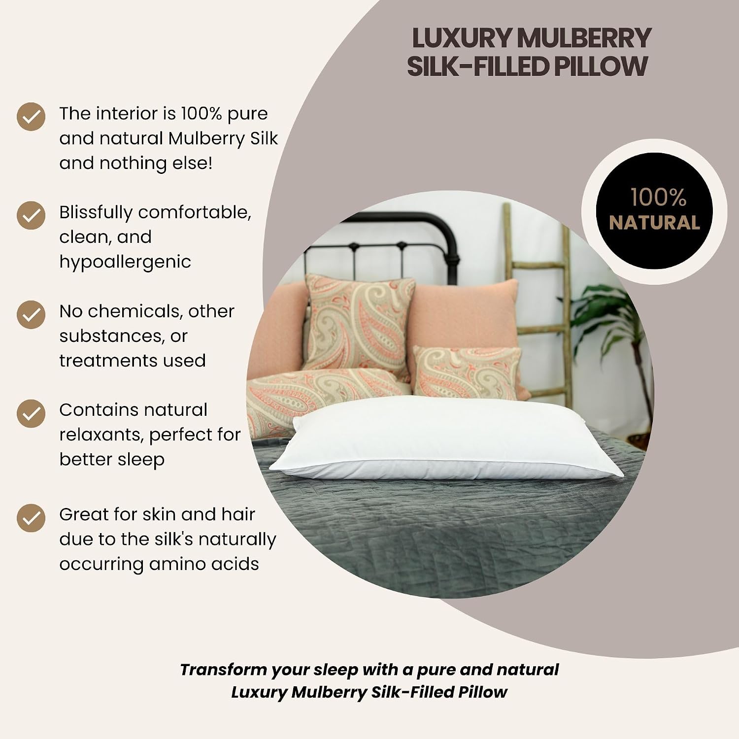 Silk Bedding Direct. Luxury Mulberry Silk-Filled Pillow. King Size, 36' x 20'. A Hypoallergenic Haven, Resting Your Dreams on Pure and Natural Mulberry Silk.