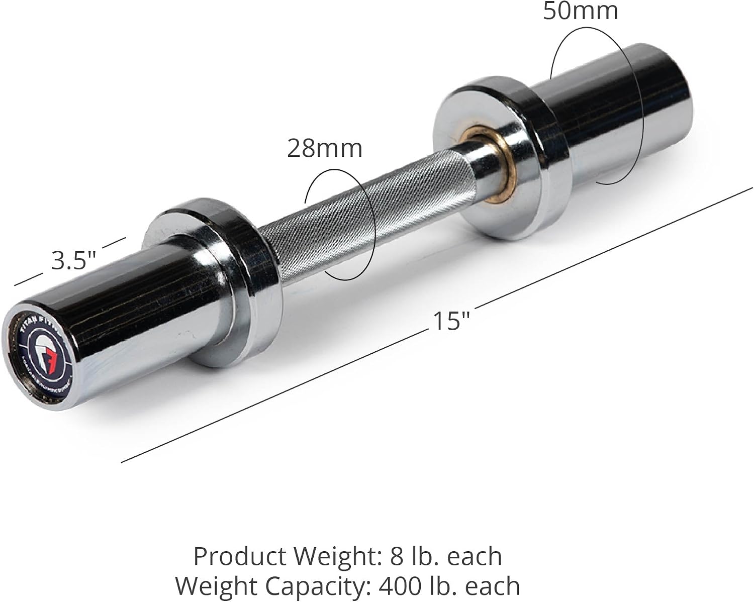 Titan Fitness Pair 15in Loadable Olympic Dumbbell Bars, 400 LB Capacity Each, Knurled Handles for Home Gym Strength Training