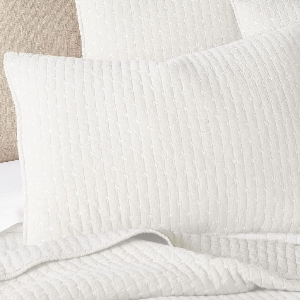 Levtex Home Cross Stitch Reversible King Bedspread Set (120x104in) with 2 Pillow Shams (36x20in) - Stitch Texture - Cream - Cotton King Size Bedspread Set - Soft, Pre-Washed
