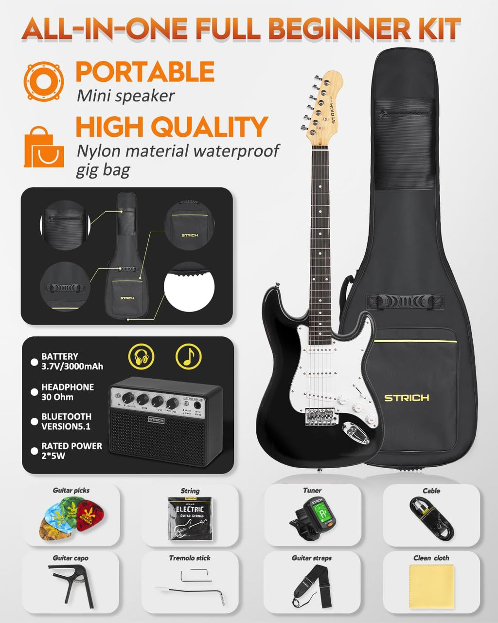 STRICH Electric Guitar Beginner Kit, Solid Body 39' Full Size Electric Guitar SSS Pick Up for Starter, with 5W x 2 Amp, Bag, Digital Tuner, Capo, Strap, String,Cable, Picks, SST-S10 Black