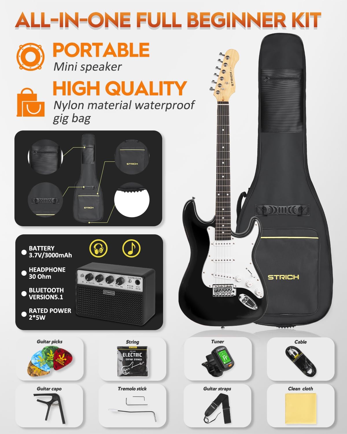 STRICH Electric Guitar Beginner Kit, Solid Body 39' Full Size Electric Guitar SSS Pick Up for Starter, with 5W x 2 Amp, Bag, Digital Tuner, Capo, Strap, String,Cable, Picks, SST-S10 Black