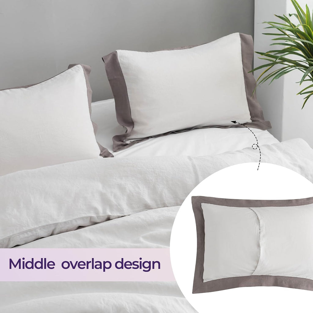 Simple&Opulence 100% Linen Duvet Cover Set with Washed French Flax-King Size(104'x 92')- 3 Pieces (1 Comforter Cover,2 Pillowshams) Basic Border Design Premium Bedding Set Breathable,Grey and Brown