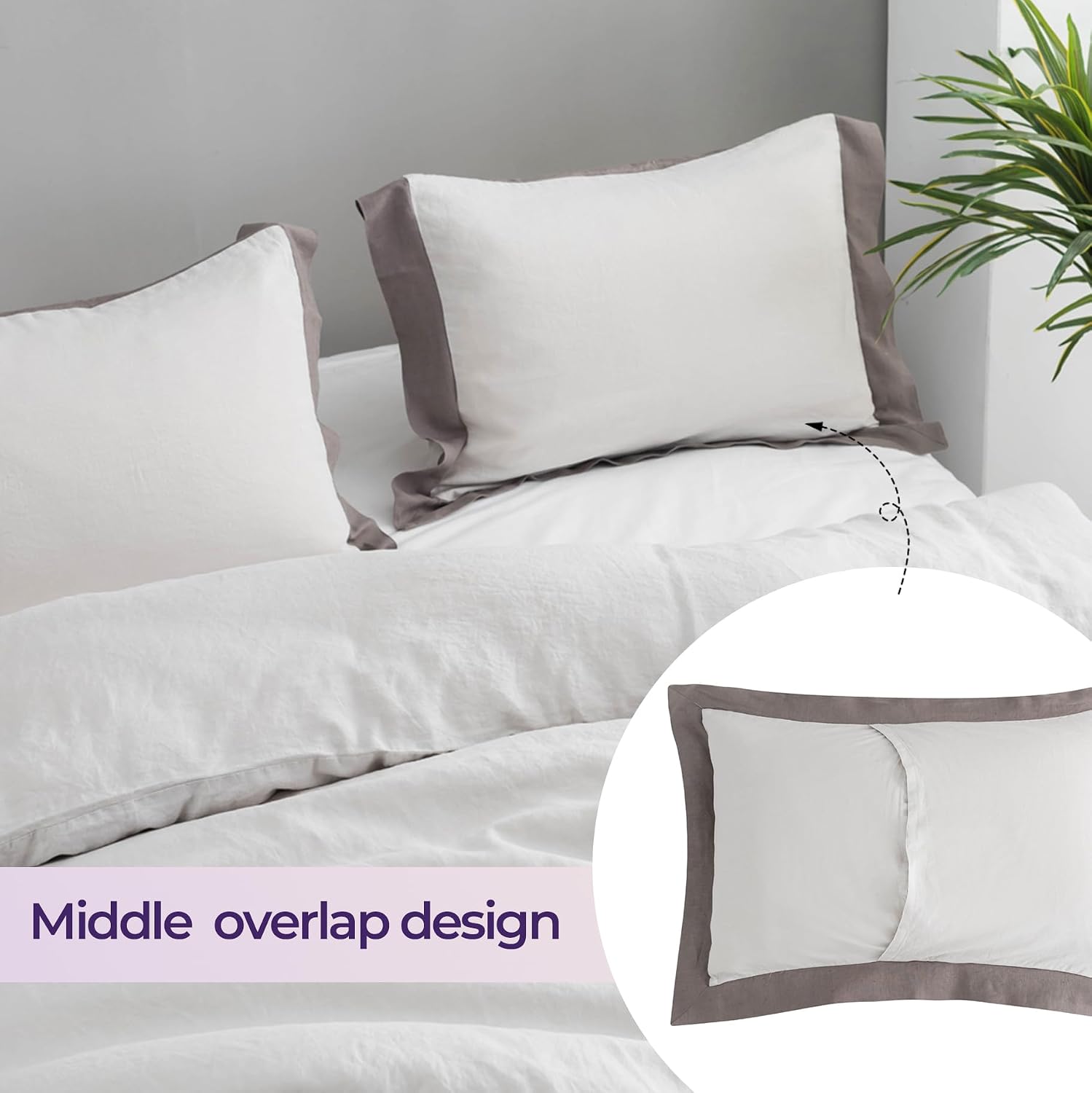 Simple&Opulence 100% Linen Duvet Cover Set with Washed French Flax-King Size(104'x 92')- 3 Pieces (1 Comforter Cover,2 Pillowshams) Basic Border Design Premium Bedding Set Breathable,Grey and Brown