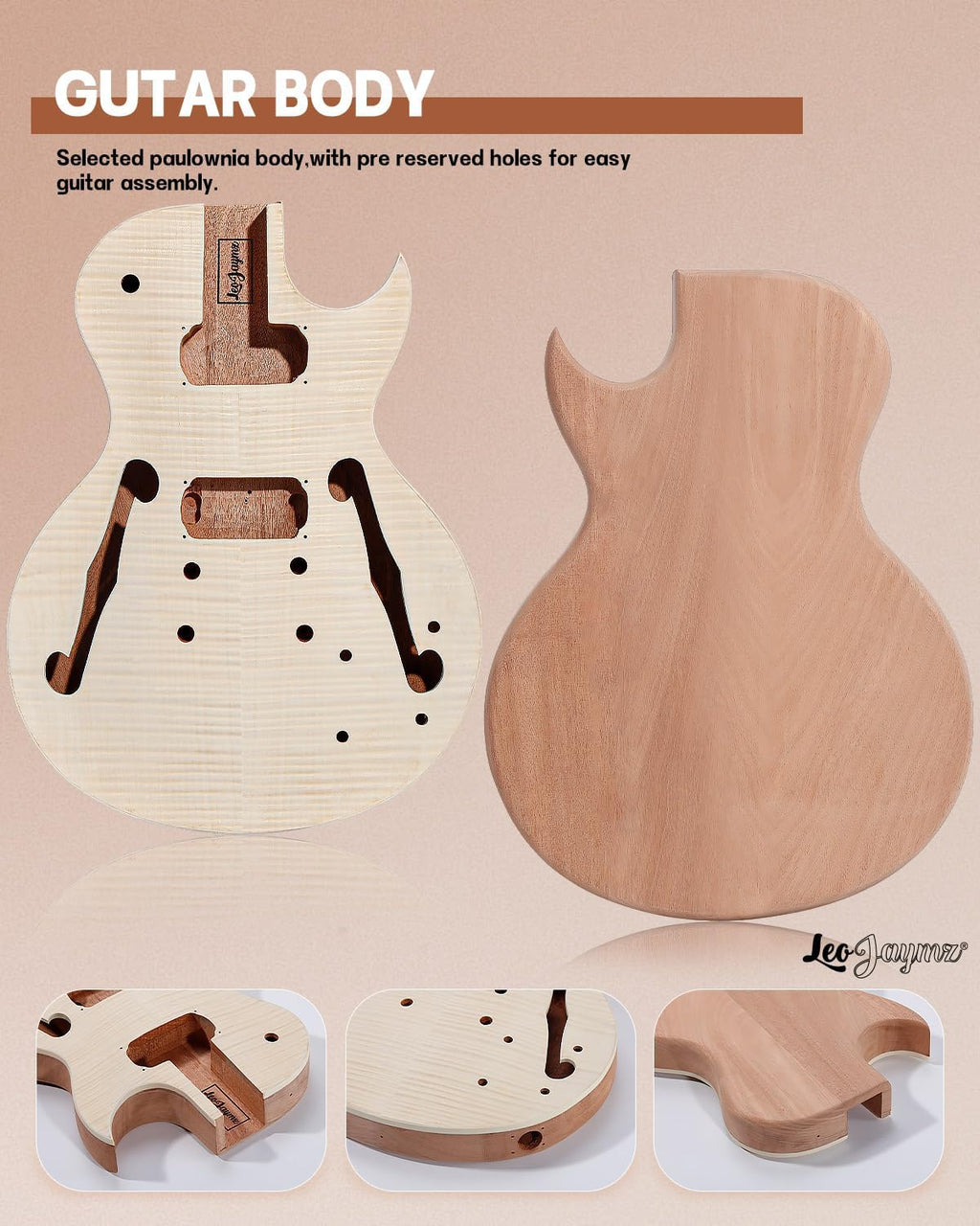 Leo Jaymz DIY Single Cut Electric Guitar Kits with Mahogany Body and Neck - Rosewood Fingerboard and All Components Included (LP Hollow)