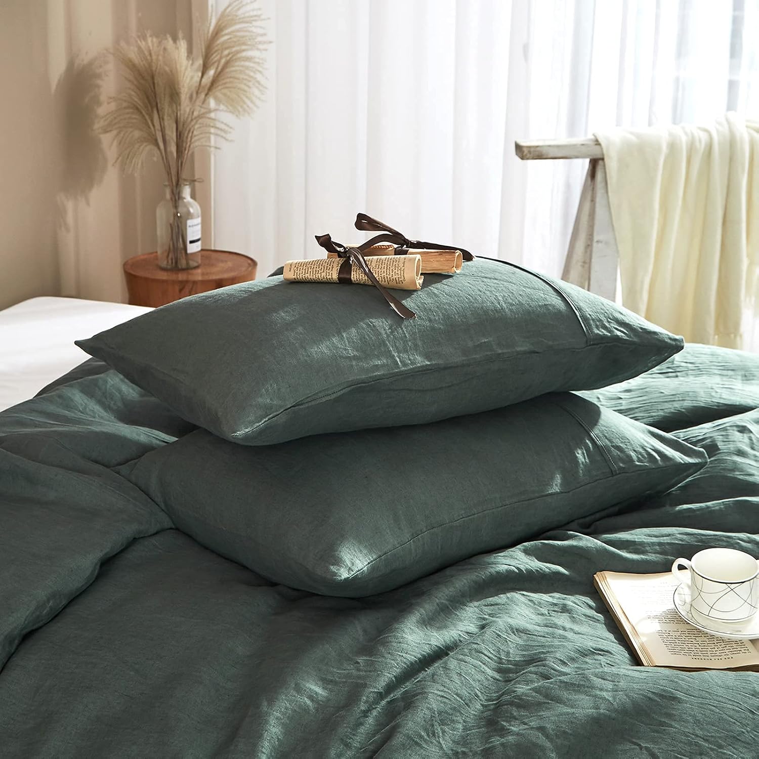 Ivellow Green Linen Duvet Cover King - 100% Pure French Flax Linen - Soft, Breathable, Natural - King Size Duvet Cover & 2 Pillow Shams