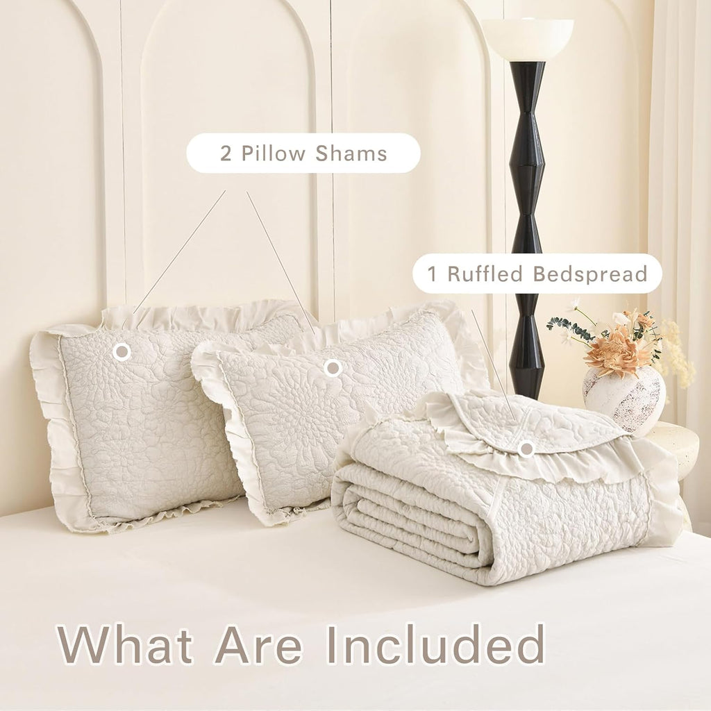 Lady Ann Wheat Quilt Sets Queen 102x118,Stone-Washed Lightweight Ruffle Coverlet, 3Pcs Quilted Crinkled Shabby Bedspread Set Farmhouse Rustic Bedding Set for All Season
