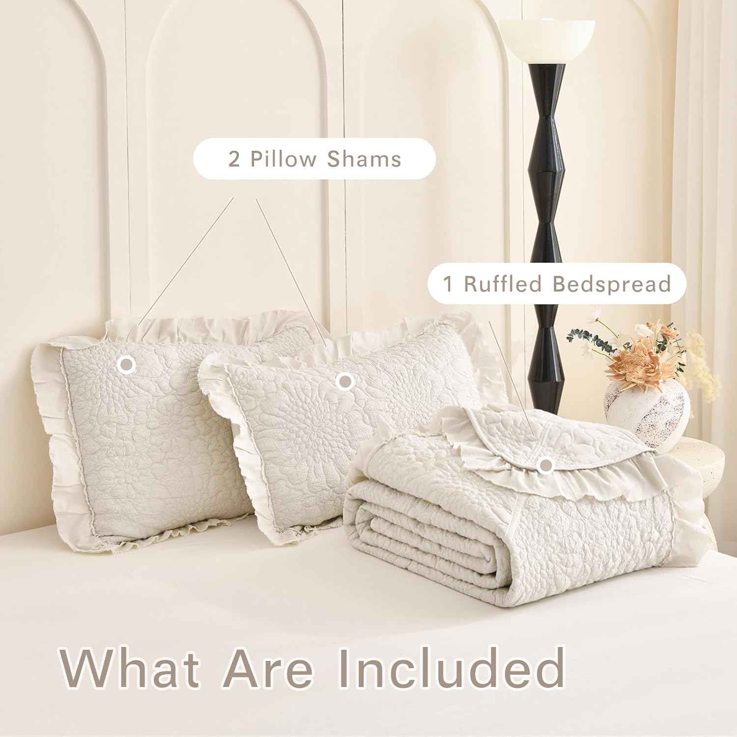 Lady Ann Wheat Quilt Sets Queen 102x118,Stone-Washed Lightweight Ruffle Coverlet, 3Pcs Quilted Crinkled Shabby Bedspread Set Farmhouse Rustic Bedding Set for All Season