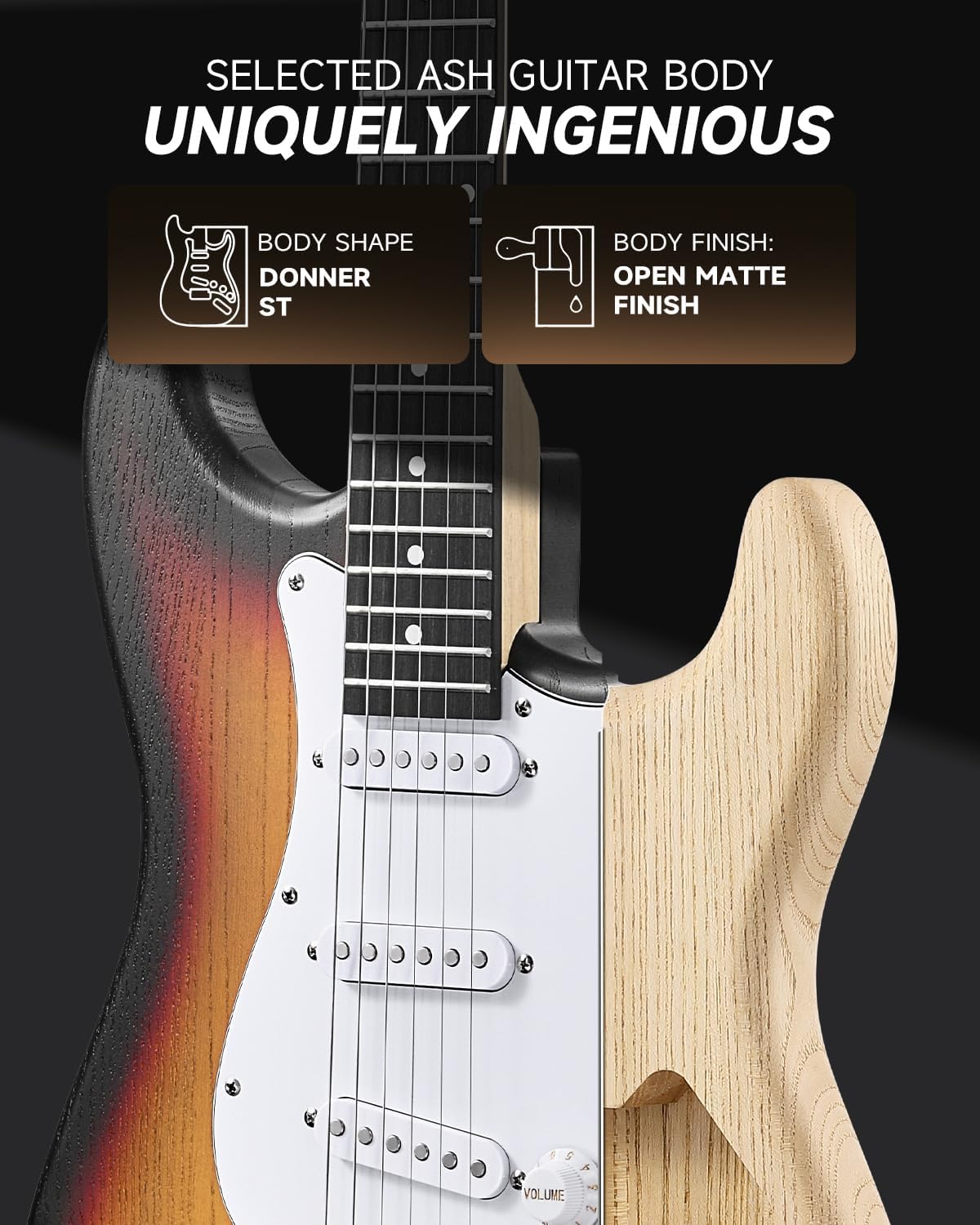 DONNER DST-80 Electric Guitar 39' Beginner Electric Guitar Kit with Amp, Classic SSS Pickup Complete with Gig Bag, Tuner, Capo, Strap, Picks, and Free Online Lessons