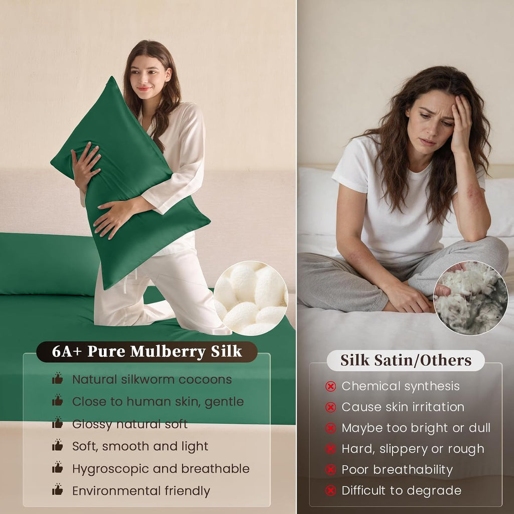 THXSILK 6A+ Top Grade 100% Pure Mulberry Silk King Fitted Sheet 3Pcs Set Bed Sheets Luxury Bedding for Hair and Skin Healthy Natural Materials, 1 Fitted Sheet with 2 Pillowcases, Emerald Green