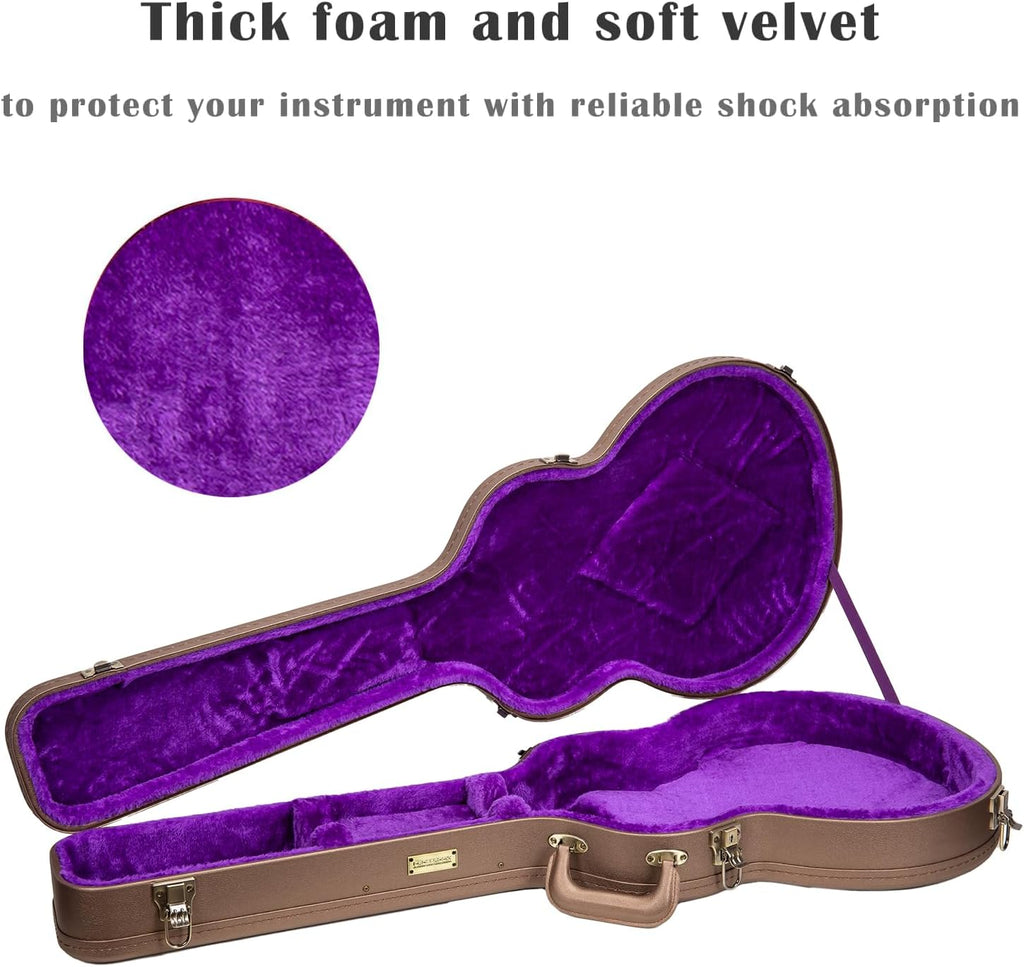 Crossrock Wooden Electric Guitar Case for 335 Style Semi-Hollow | Chocolate Brown Faux Leather, Purple Velvet Interior, Lock – Designer Series(CRW520SACB)