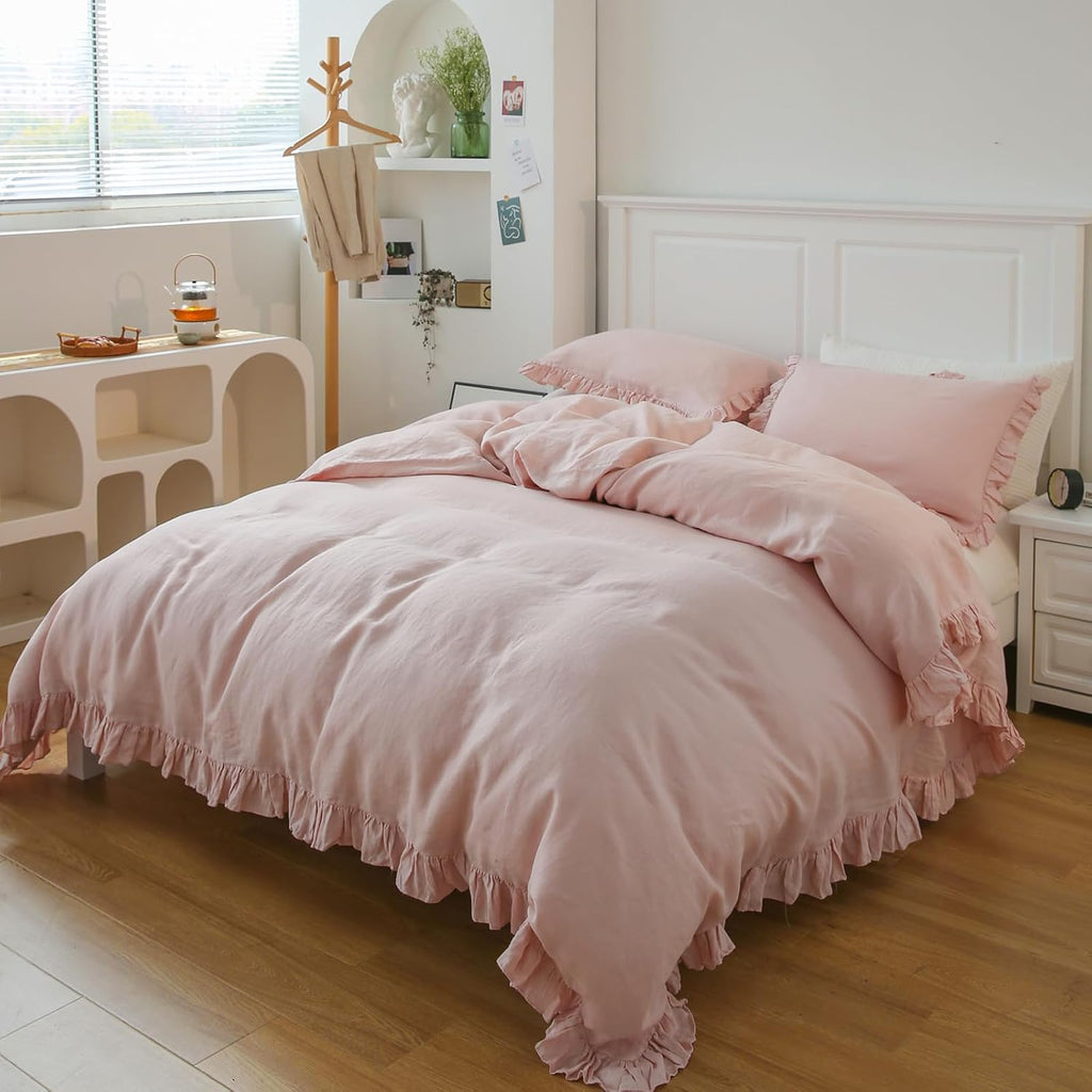 Simple&Opulence 100% Linen Duvet Cover Set, 3 PCS Natural French Flax Blush Pink Ruffle Duvet Cover Full Size, Breathable Comfy Linen Bedding Comforter Cover with 2 Pillowcases (Blush Pink, 78' X 86')
