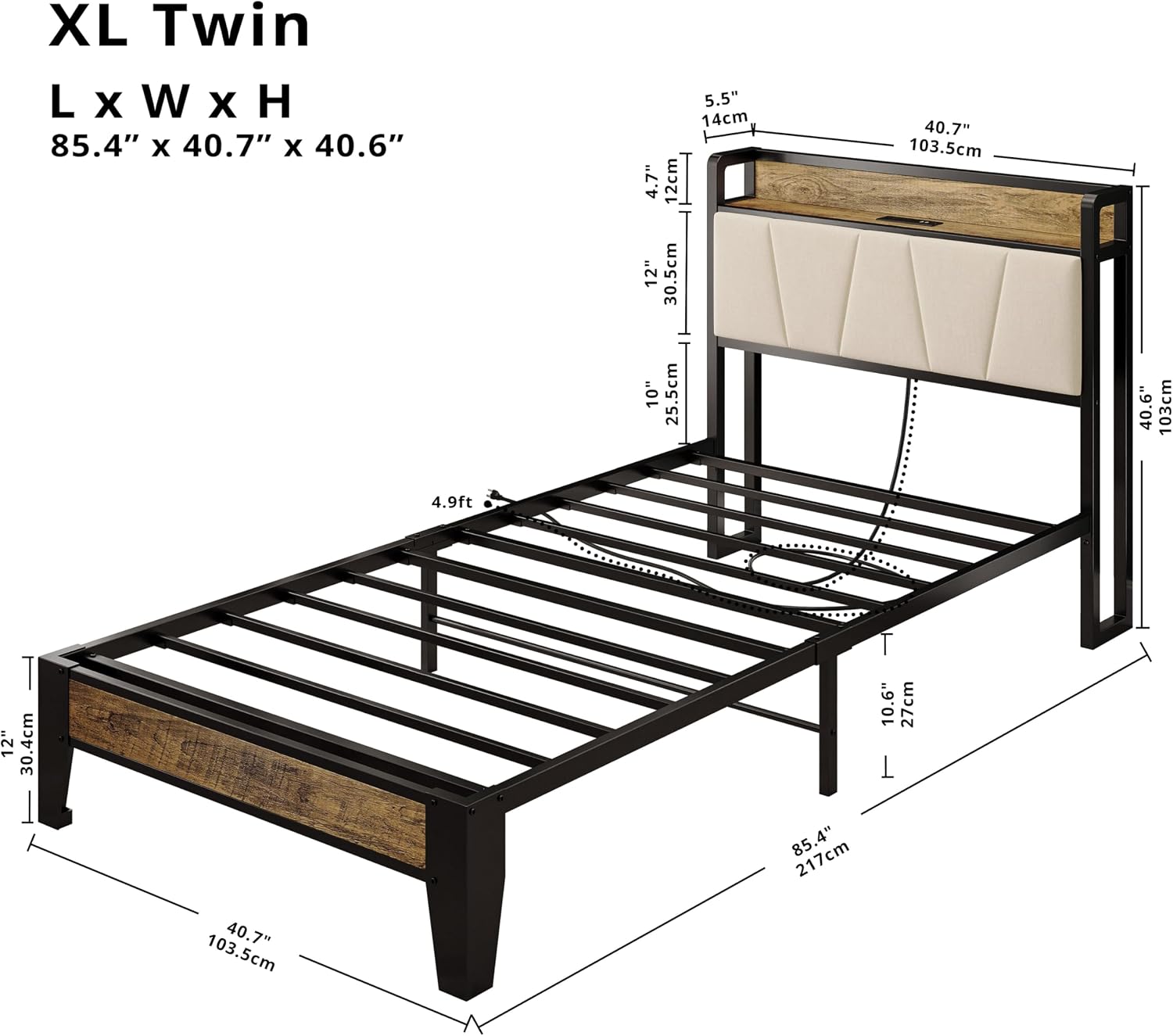 LIKIMIO Twin XL Bed Frames, Storage Headboard with Charging Station, Solid and Stable, Noise Free, No Box Spring Needed, Easy Assembly (Walnut and Beige)