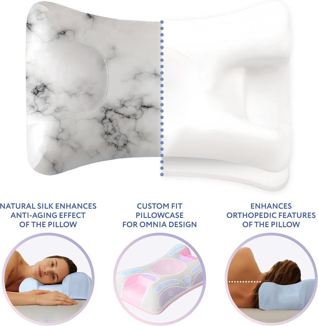 Sleep & Glow Omnia Natural Silk Pillowcase for Hair and Skin Fits Unique Shape of Sleep&Glow Omnia Pillow – 19mm Grade 6A Mulberry Silk (White Marble)