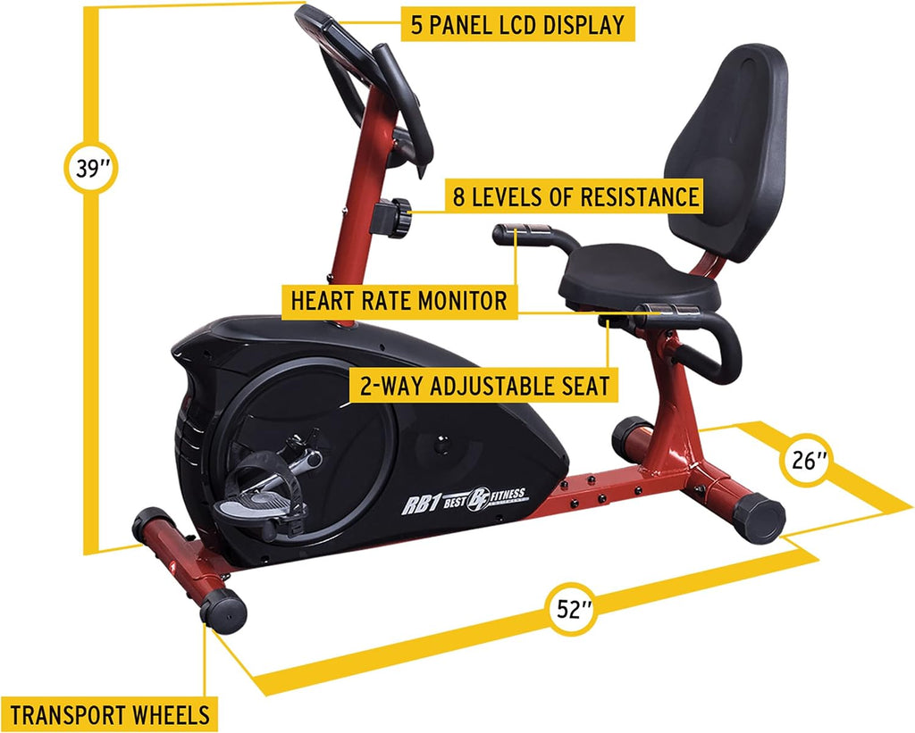 Body-Solid Best Fitness (BFRB1B) Recumbent Exercise Bike for Home - Indoor Workout Stationary Bike with LCD Display & Adjustable Magnetic Resistance, Black