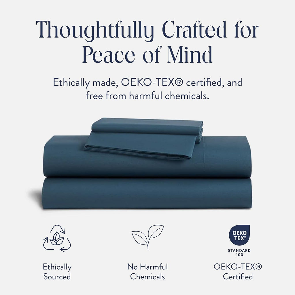 Brooklinen Luxury Sateen 4 Piece Sheet Set - 100% Cotton Bed Sheets, Durable California King Size Sheets Set in Abyss Blue, Oeko-TEX Certified Bedding Set, 1 Fitted Sheet, 1 Flat Sheet, 2 Pillowcases