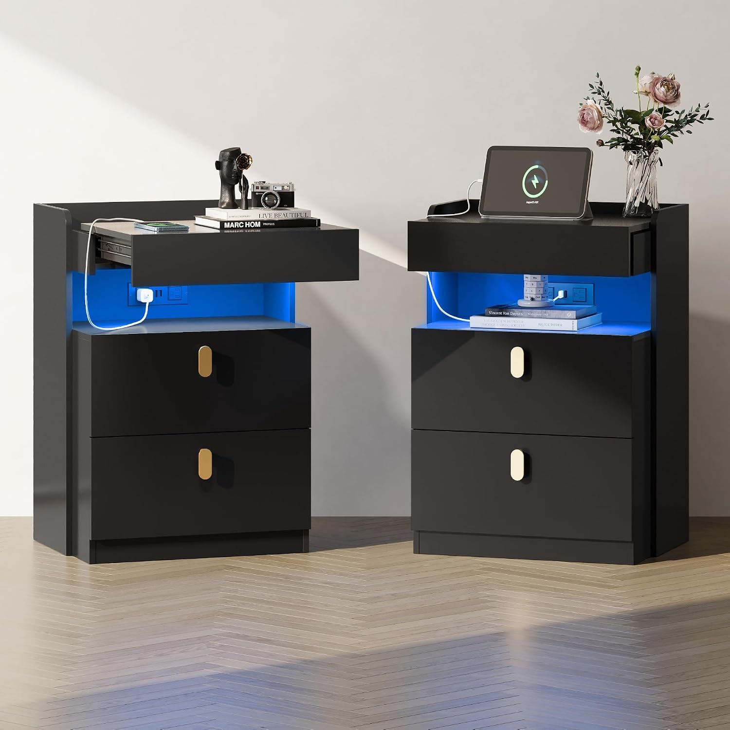 WLIVE Black LED Nighstand Set of 2 with Charging Station, Night Stands Sets with Sliding Top, Bedside Tables with Drawers, End Table for Bedroom, Living Room, Black