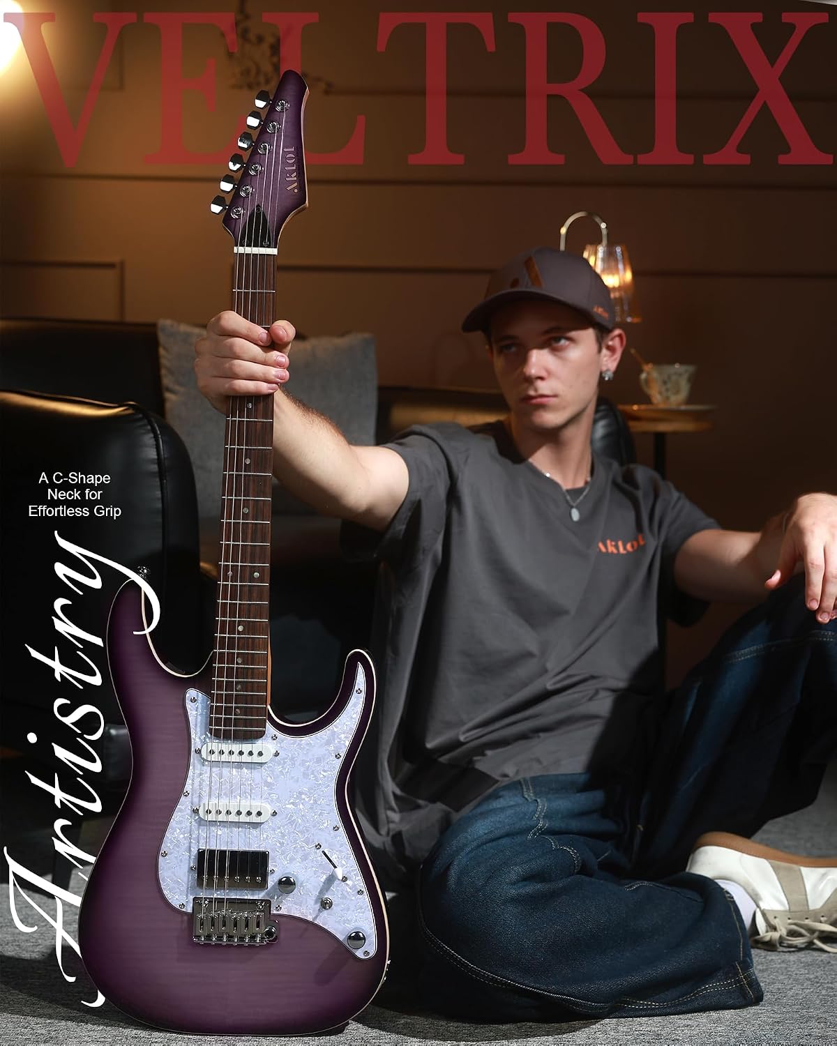 AKLOT Solid Body Electric Guitar - Flame Maple Top, HSS Alnico V Pickups with Coil-Split, Roasted Maple Neck, Locking Tuners, Veltrix Series, Violet Venom