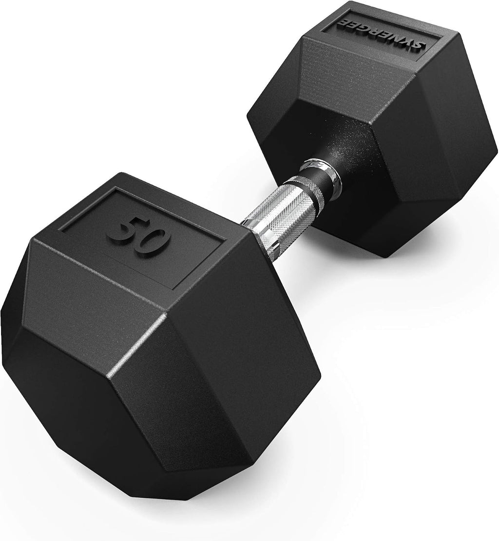 Synergee Rubber Encased Hex Dumbbells with Chrome Handle. All Purpose Weights for Strength & Conditioning Training. Available Size From 2.5 lbs to 50 lbs.