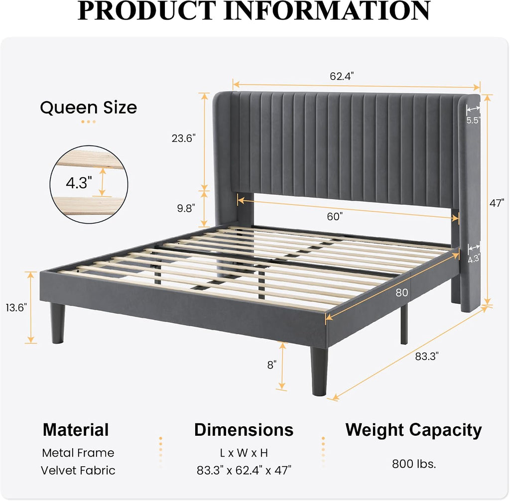 SHA CERLIN Queen Size Velvet Bed Frame with Vertical Channel Tufted Wingback Headboard, Upholstered Platform Bed with Wood Slats, No Box Spring Needed, Easy Assembly, Grey