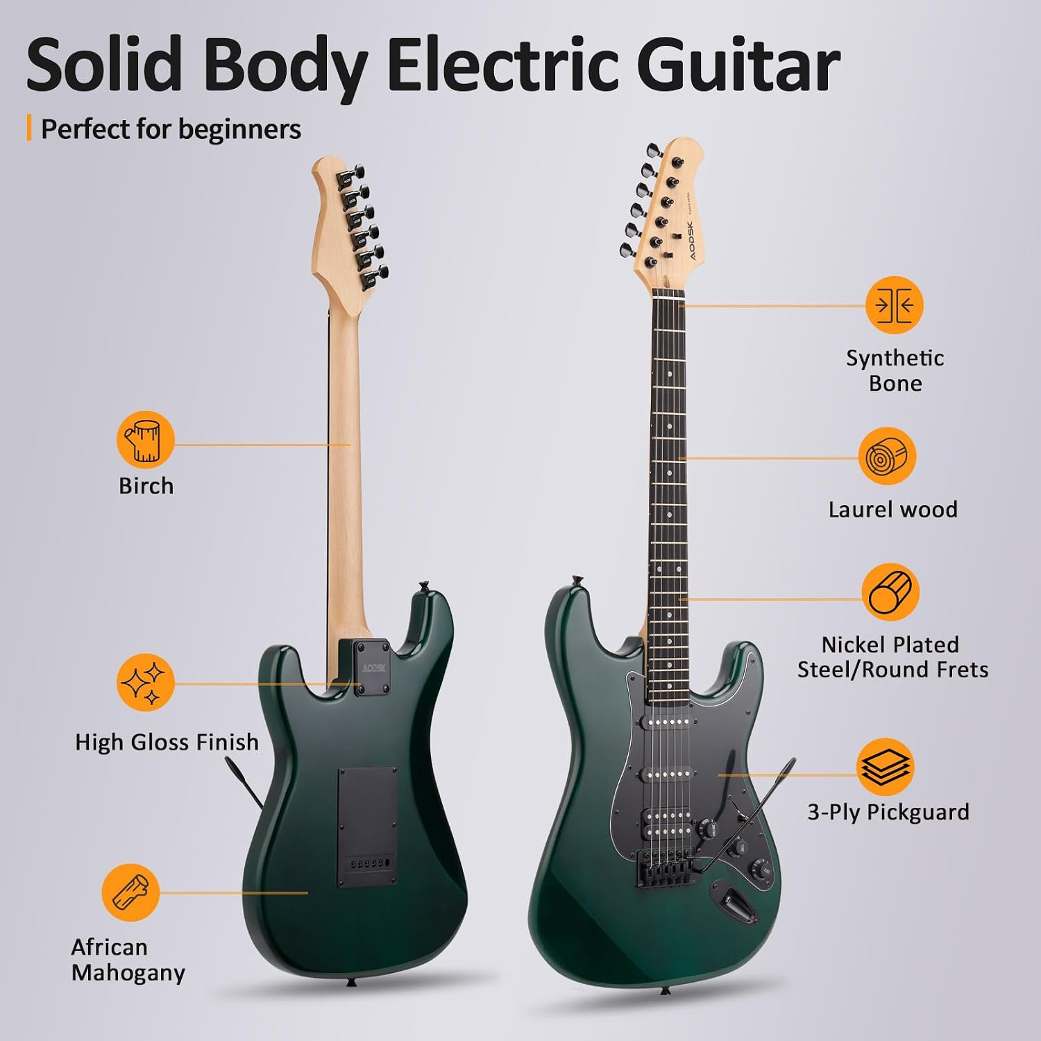 AODSK Electric Guitar, 39' Beginner Electric Guitar Kit, Matte Finish, HSS Pickups, Guitar Starter Kit with AMP, Includes Digital Tuner, Strings, Pick, Vibrato Bar, Capo, Strap, Gig Bag (Green)