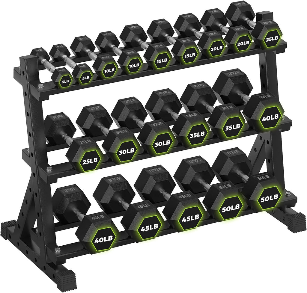 HANDBODE 3-Tier Dumbbell Rack Stand, 1000LB Capacity Storage Rack, Weight Rack for Dumbbells, Kettlebell, 390–700 lb Rubber Coated Fixed Weight Sets, Home Gym Strength Training Equipment