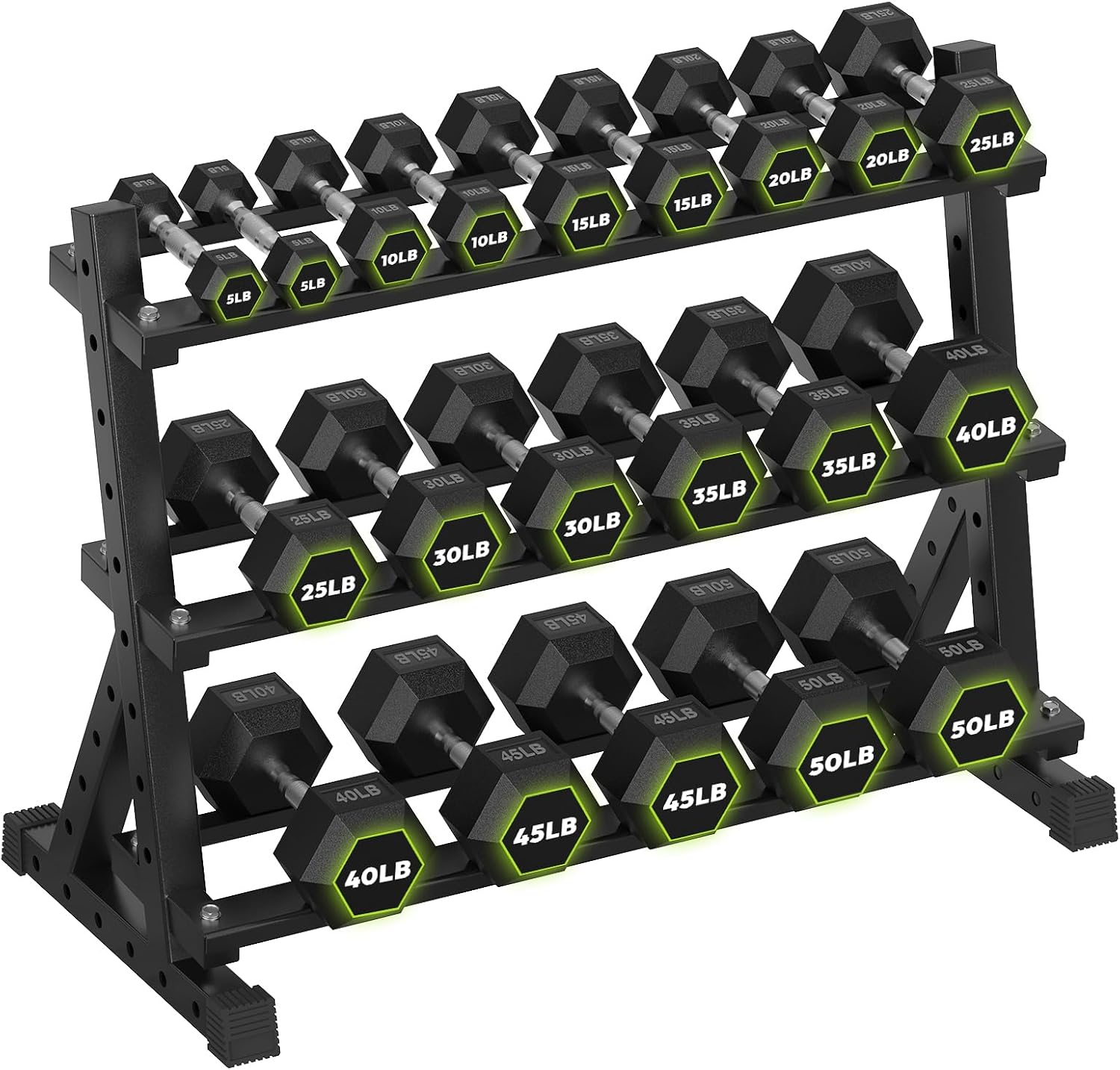 HANDBODE 3-Tier Dumbbell Rack Stand, 1000LB Capacity Storage Rack, Weight Rack for Dumbbells, Kettlebell, 390–700 lb Rubber Coated Fixed Weight Sets, Home Gym Strength Training Equipment