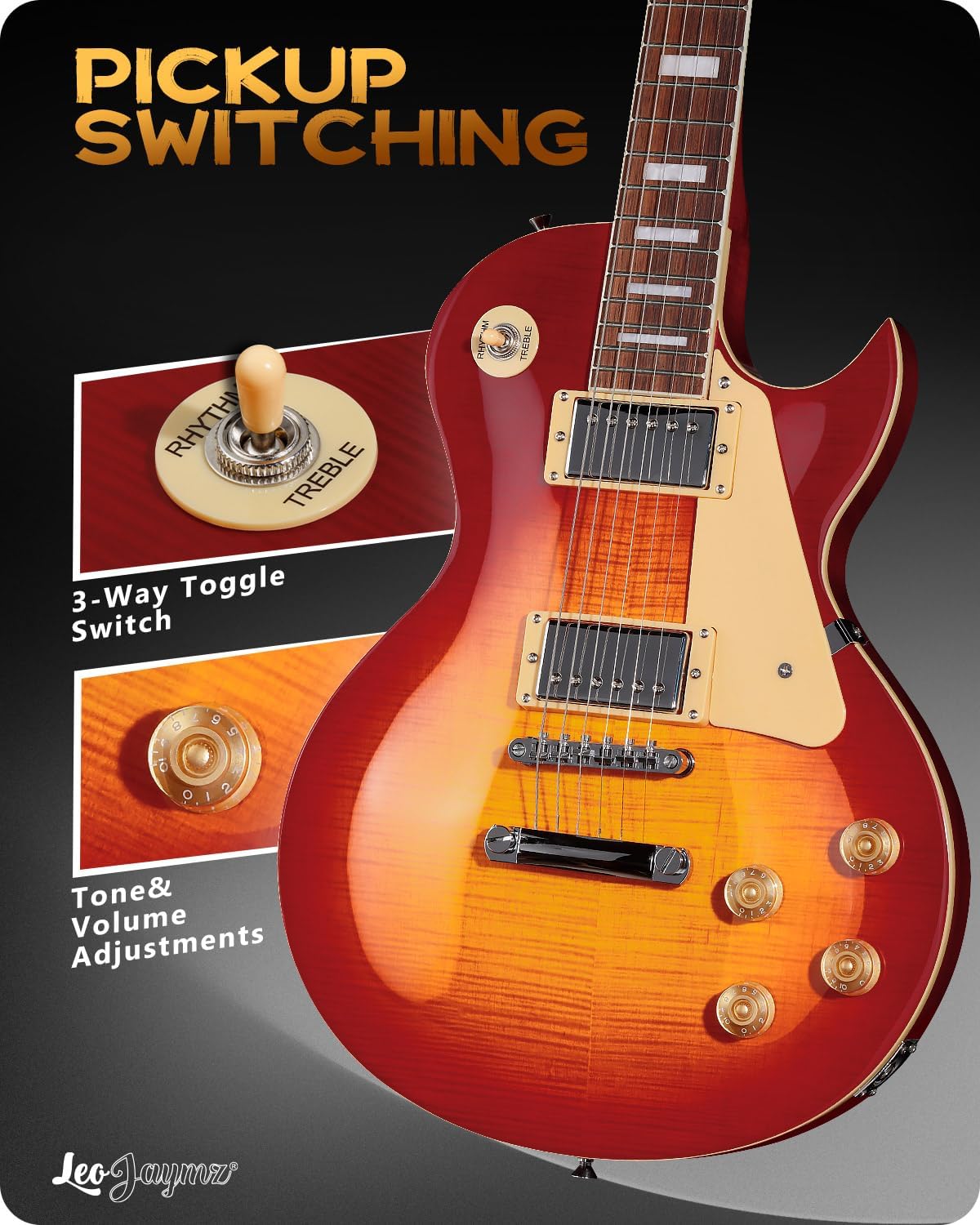 Leo Jaymz SC Series Electric Guitar – Mahogany Body, Laurel Fingerboard, Dual Humbuckers, Tune-O-Matic Bridge, C Neck, 18:1 Tuners (Cherry Sunburst)